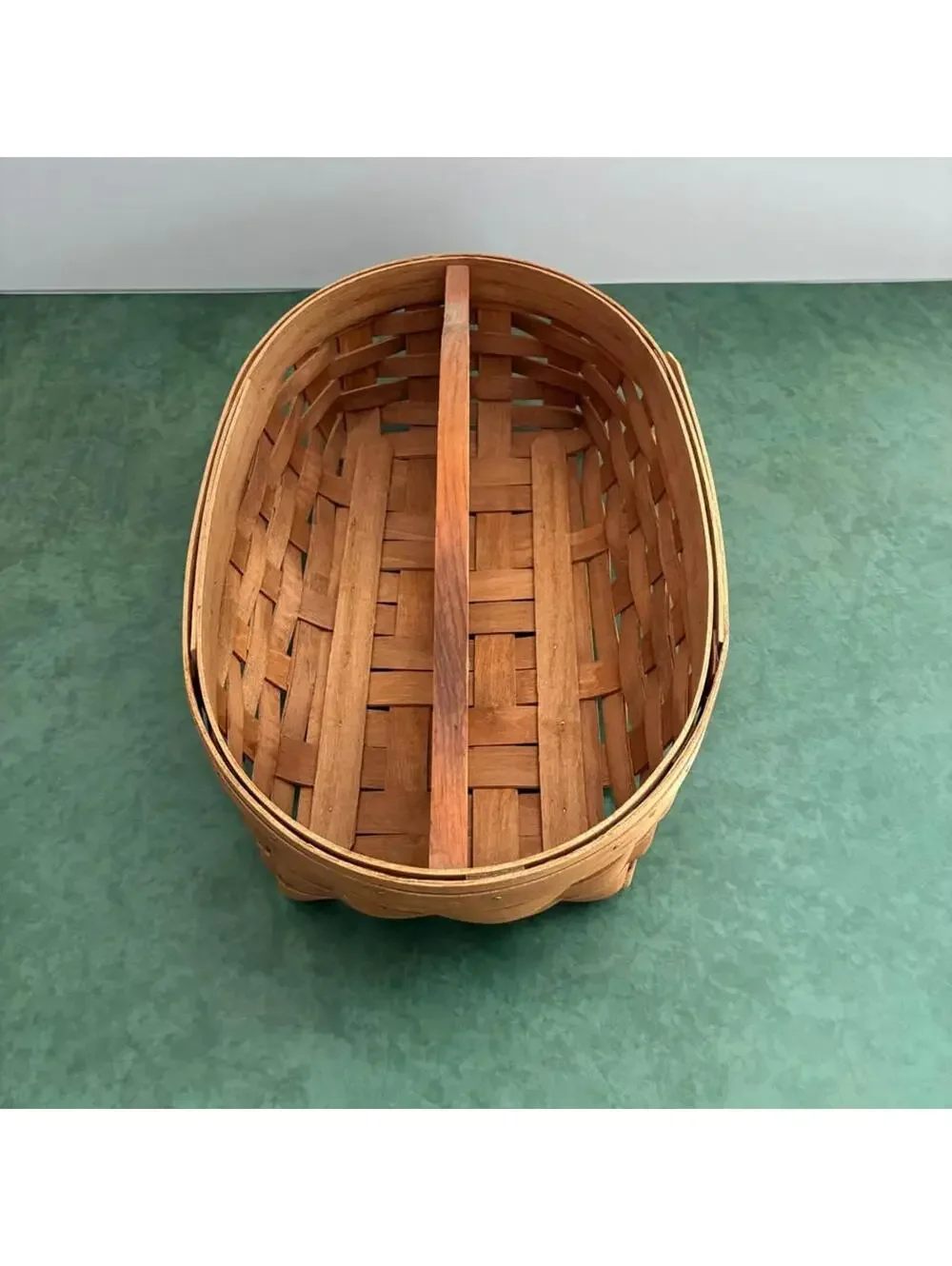 Vintage Gerald E Henn Divided Basket, heart handle Handwoven Wood Utensil Caddy